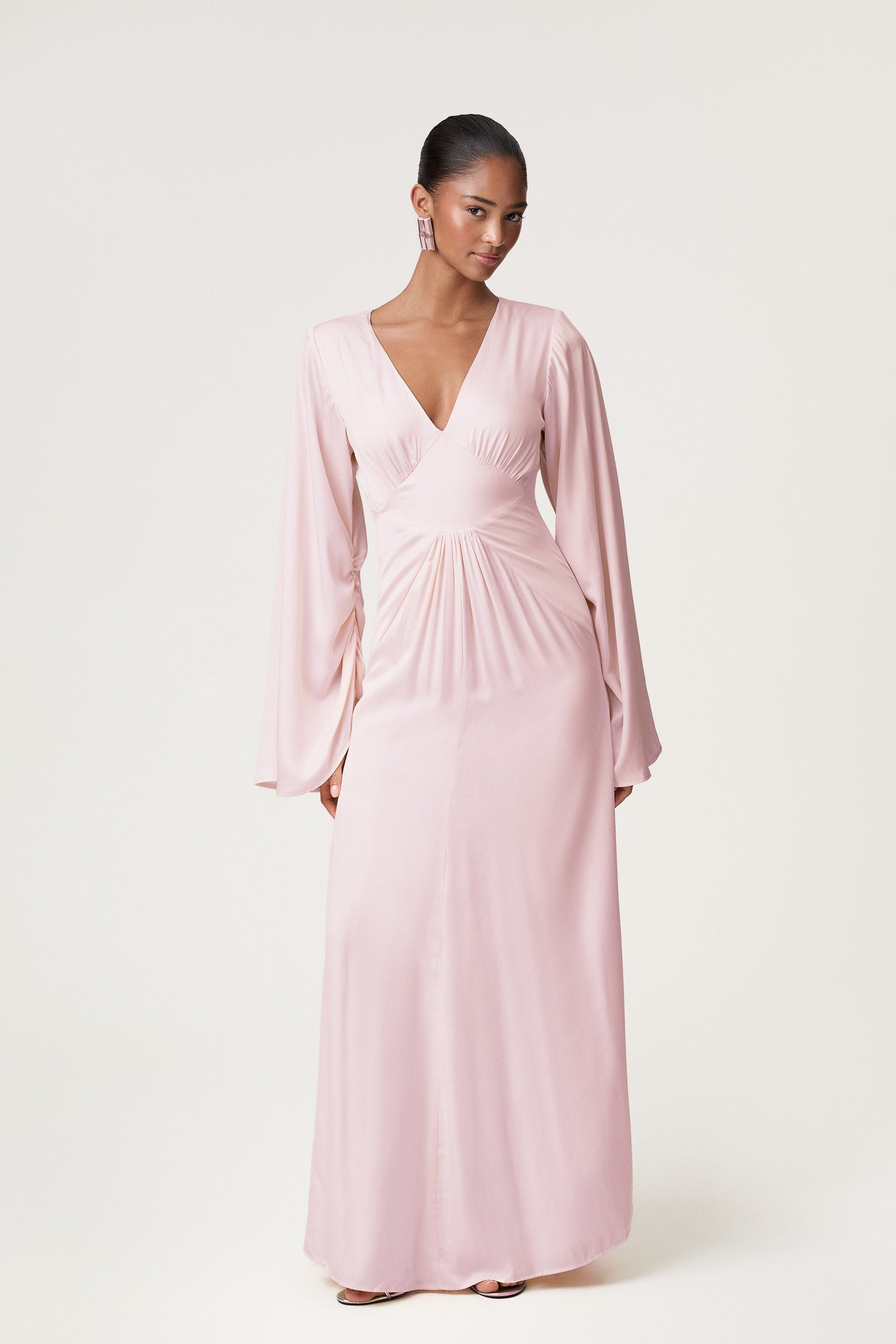 strapless open back dress Light Pink Dress with Short Chiffon Sleeves and Hand Embroidery