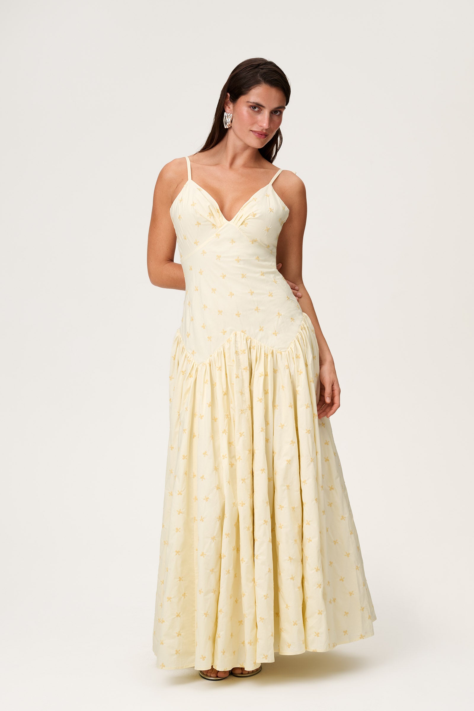 yellow elegant maxi dress S Butter Yellow Chiffon V-Neck Bridesmaid Maxi Dress with Side Slit