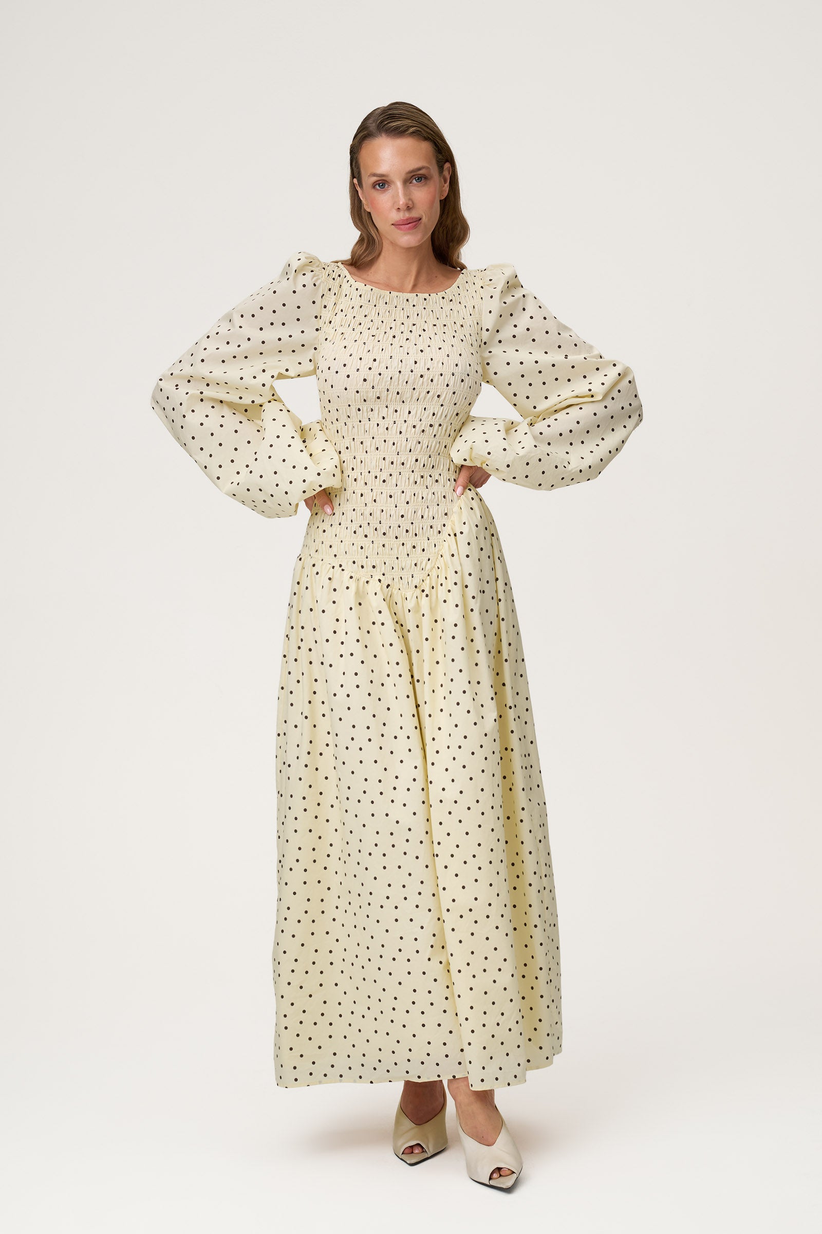 butter yellow long sleeve maxi dress Fermo in Dot while the ruching in Slate Blue Bridesmaid Dresses TB267 Color:Spotted