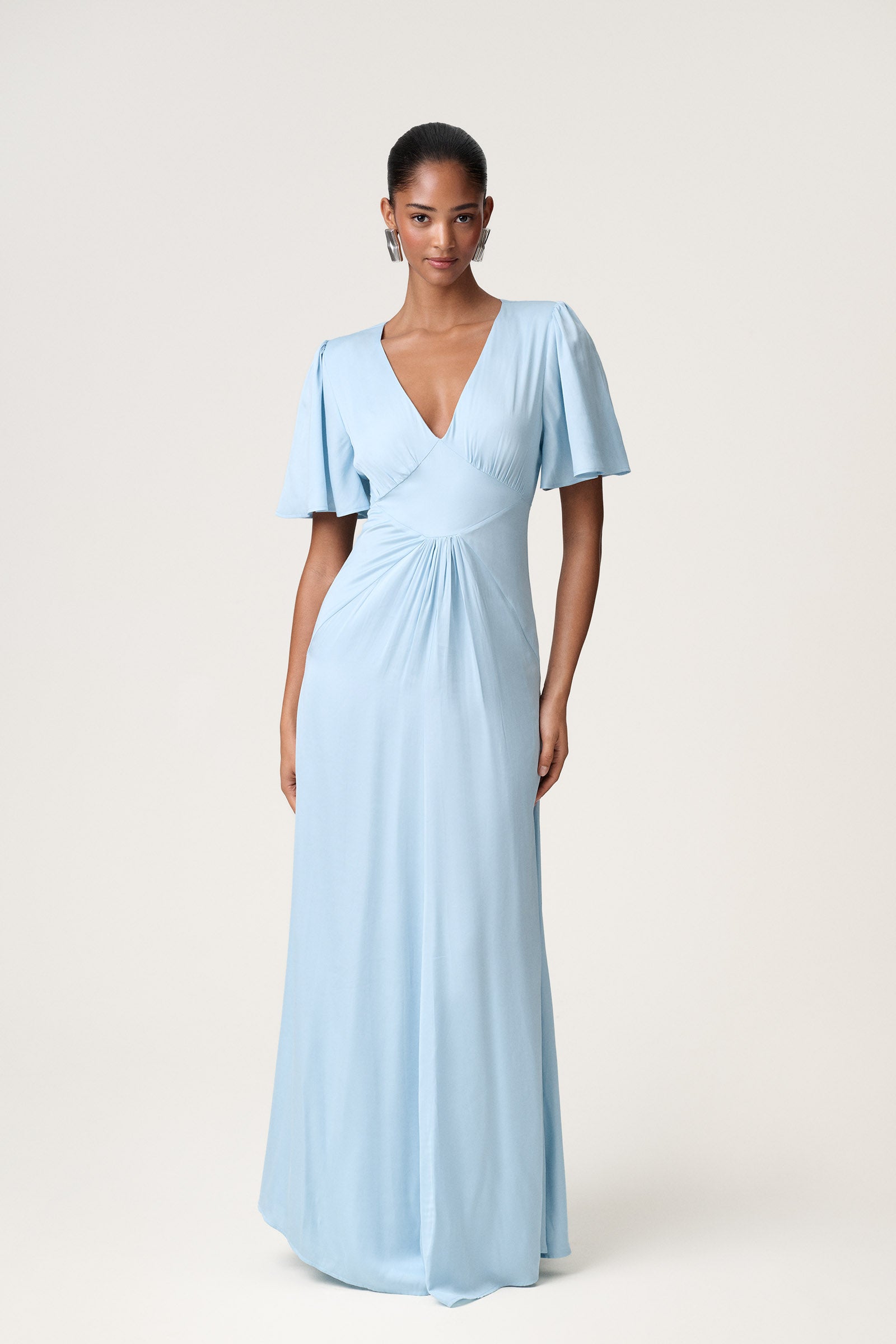 skims blue dress Light Green Satin Long A-Line Princess Dress, Cute Short Puff Sleeves main image 1