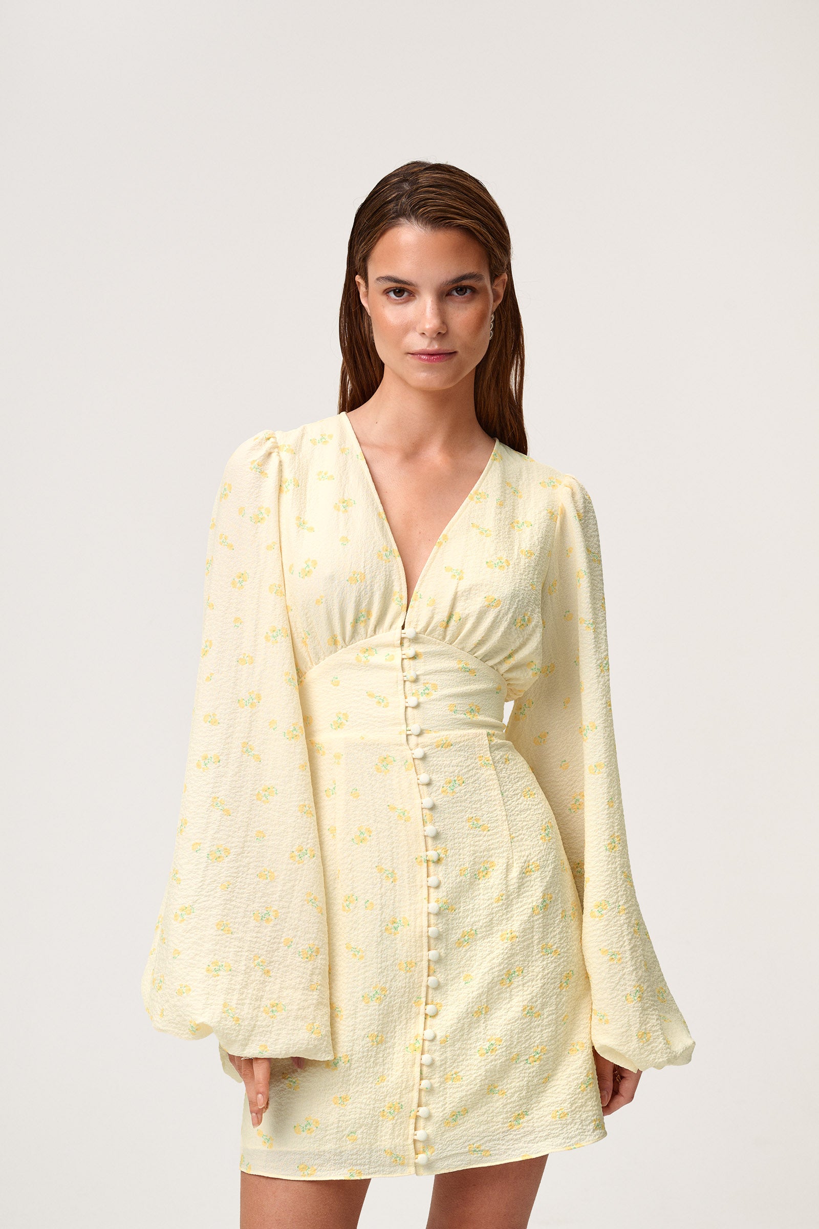 A model wearing a pastel yellow mini dress with wide balloon sleeves, a V-shaped neckline, and buttons along the front. The dress has a hidden zipper in the back and is fully lined.
 image