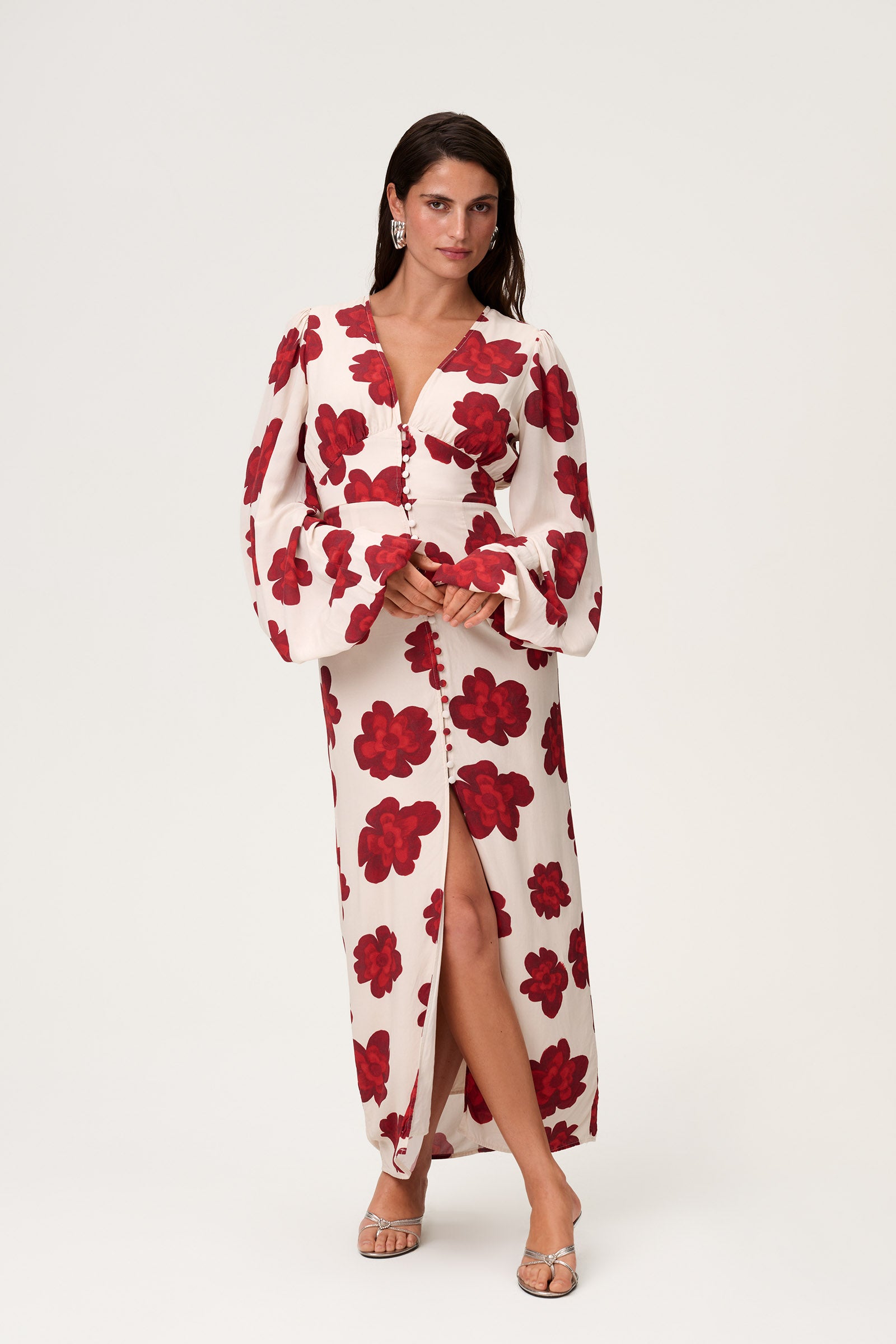 red flower dress long sleeve Floral Frill Trim Sleeve Plunge Maxi Dress