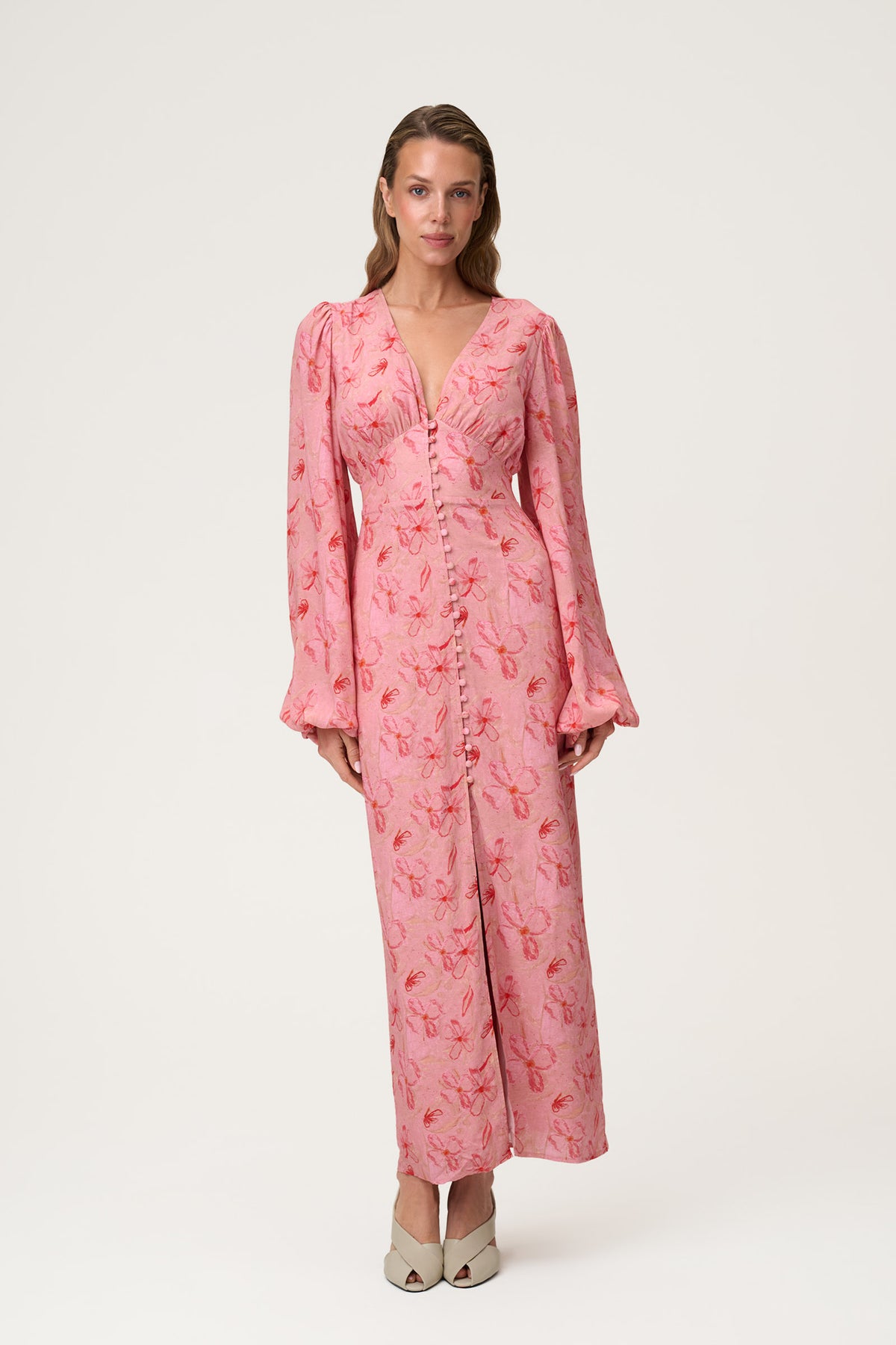 pink maxi dress with sleeves Positano Dress in Pink Linen