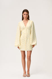 A model wearing a pastel yellow mini dress with wide balloon sleeves, a V-shaped neckline, and buttons along the front. The dress has a hidden zipper in the back and is fully lined. thumbnail image
