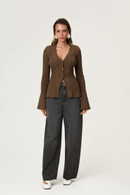Lugo knitted cardigan in taupe with long sleeve trumpet arms. thumbnail image