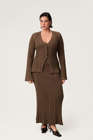 Lugo knitted cardigan in taupe with long sleeve trumpet arms. thumbnail image