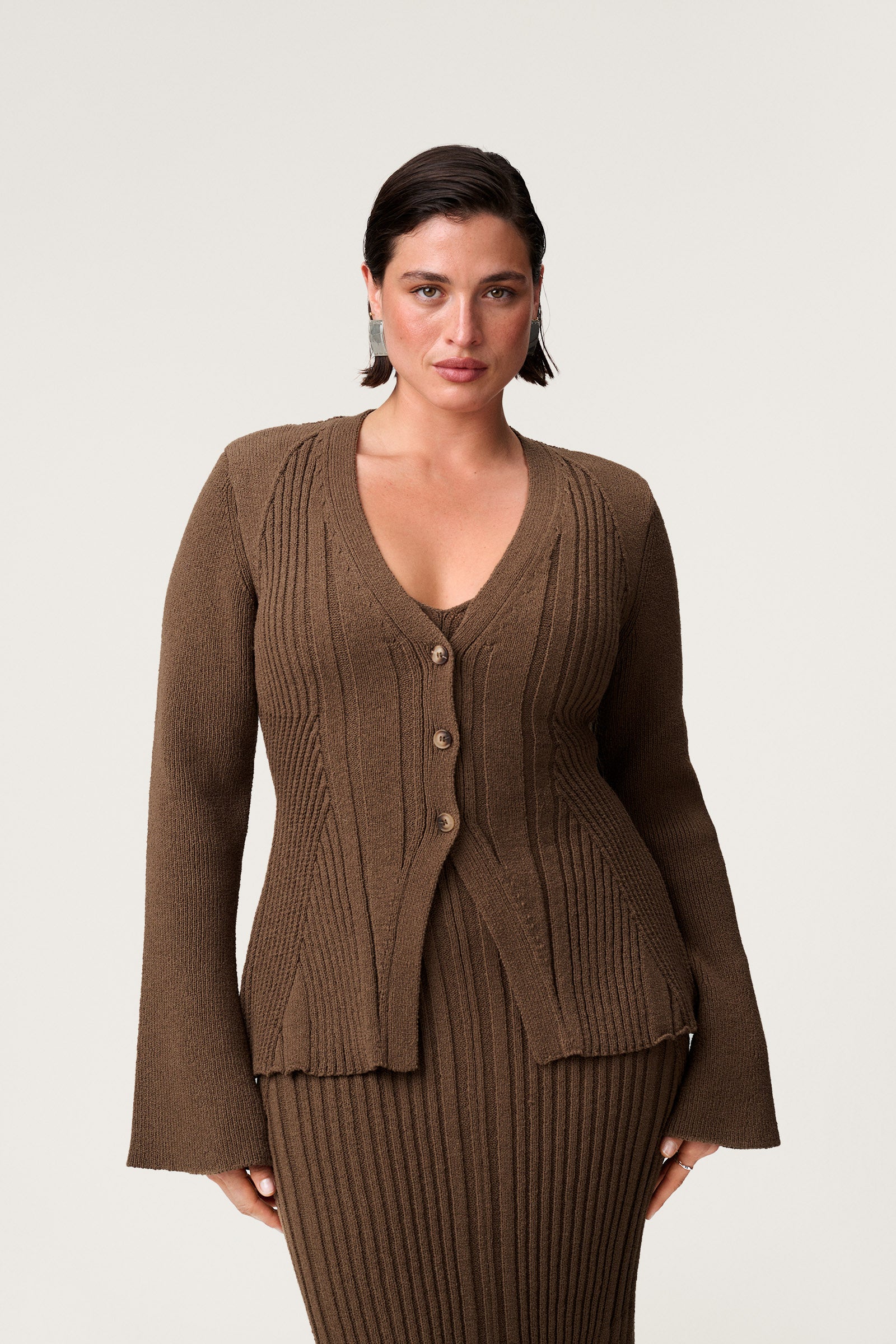 Lugo knitted cardigan in taupe with long sleeve trumpet arms. image