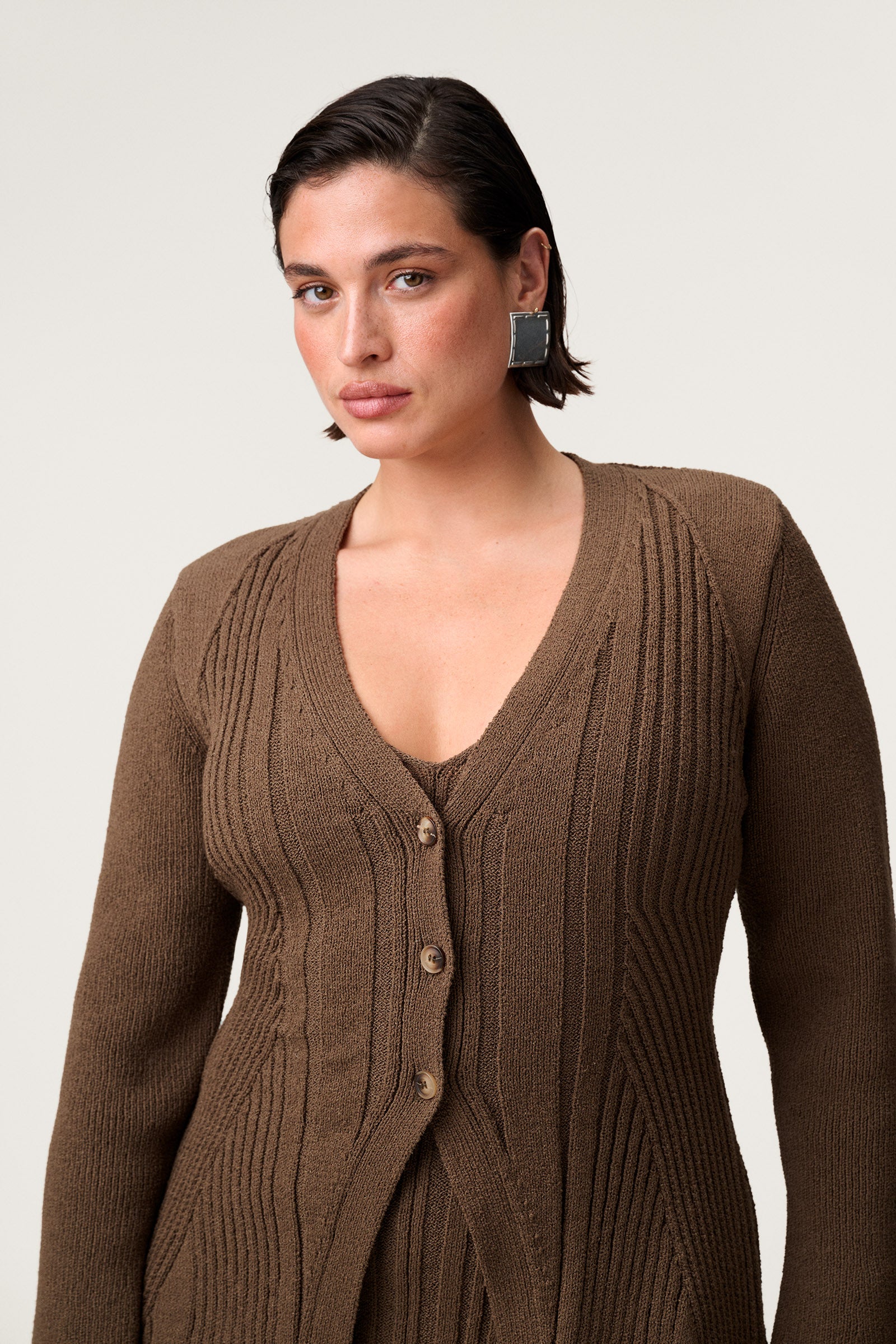 Lugo knitted cardigan in taupe with long sleeve trumpet arms. image