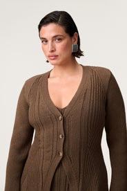 Lugo knitted cardigan in taupe with long sleeve trumpet arms. thumbnail image