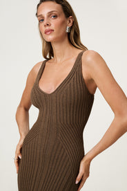 Knitted lugo maxi lengthed dress in taupe. thumbnail image