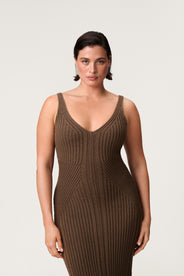 Knitted lugo maxi lengthed dress in taupe. thumbnail image