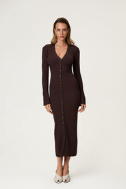 Knitted milano midi dress in brown with front button closure. thumbnail image