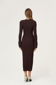 Knitted milano midi dress in brown with front button closure. thumbnail image