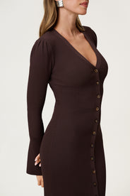 Knitted milano midi dress in brown with front button closure. thumbnail image