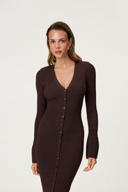 Knitted milano midi dress in brown with front button closure. thumbnail image