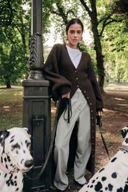Woman in a brown knitted  cardigan and white pants standing with two Dalmatian dogs in a park. thumbnail image