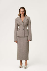 Brown tweed blazer with buttons in the front and padded shoulders, fitted waist and long arms thumbnail image