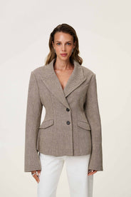brown tweed blazer with buttons in the front and padded shoulders, fitted waist and long arms thumbnail image
