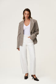 brown tweed blazer with buttons in the front and padded shoulders, fitted waist and long arms thumbnail image