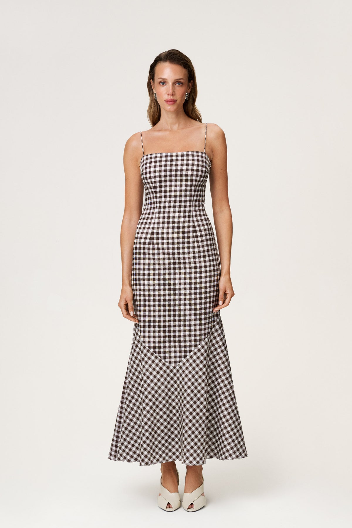 brown gingham midi dress Brass & Roe Elmina Gingham Dress Green Gingham / M main image 0