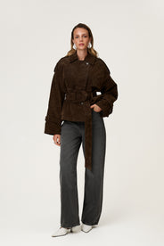 York cropped trench coat in dark brown suede. thumbnail image