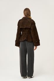 York cropped trench coat in dark brown suede. thumbnail image