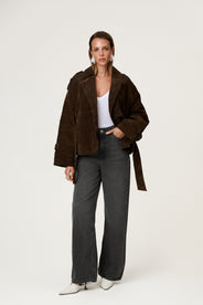 York cropped trench coat in dark brown suede. thumbnail image
