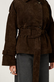 York cropped trench coat in dark brown suede. thumbnail image