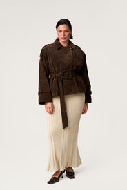 York cropped trench coat in dark brown suede. thumbnail image