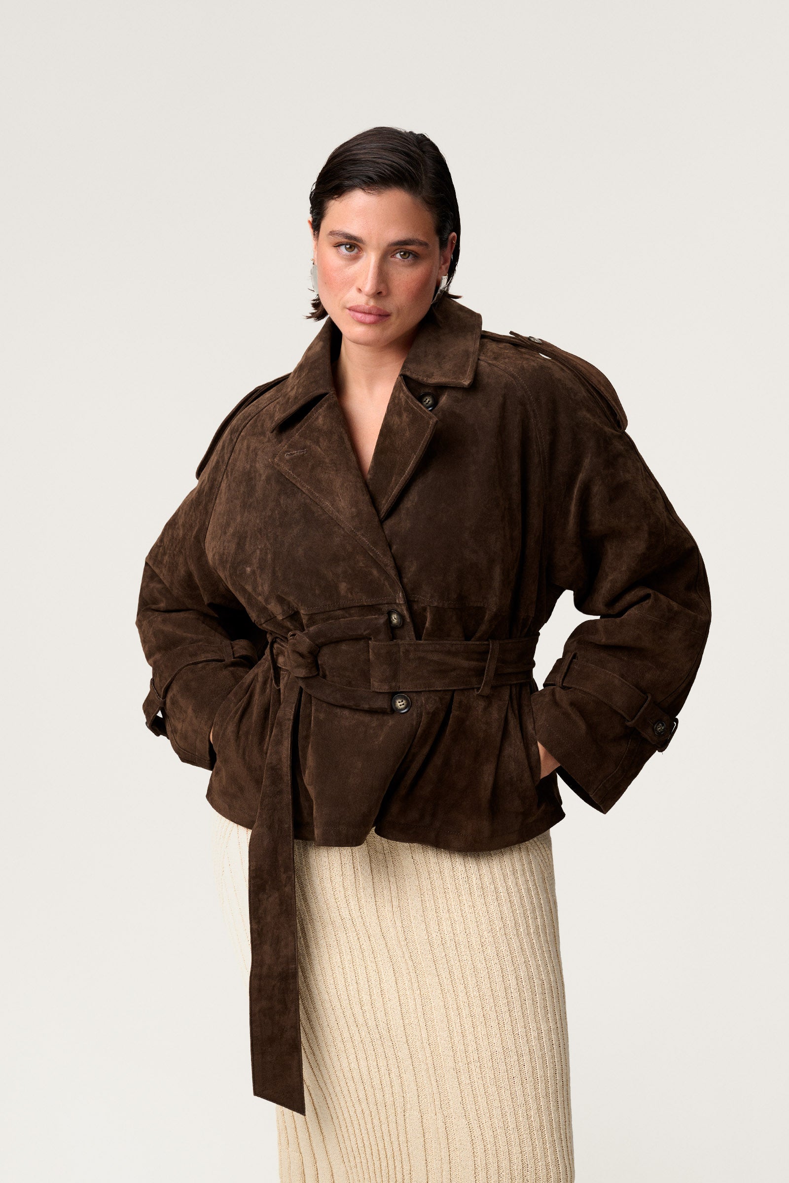 York cropped trench coat in dark brown suede. image