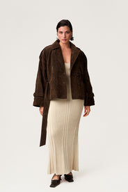 York cropped trench coat in dark brown suede. thumbnail image