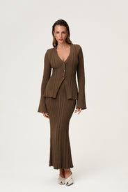 Lugo knitted cardigan in taupe with long sleeve trumpet arms. thumbnail image