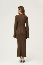 Lugo knitted cardigan in taupe with long sleeve trumpet arms. thumbnail image