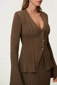 Lugo knitted cardigan in taupe with long sleeve trumpet arms. thumbnail image