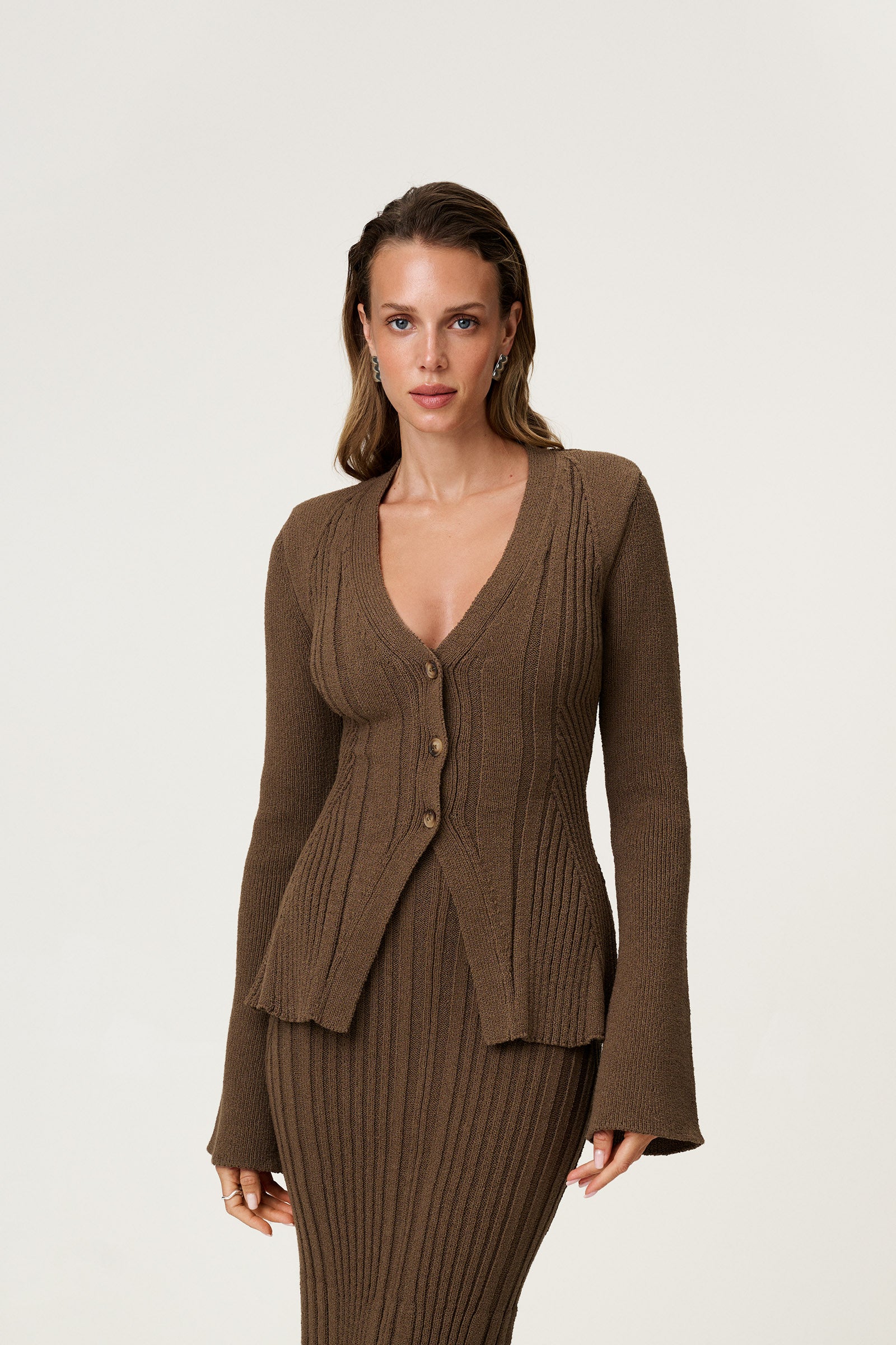 Lugo knitted cardigan in taupe with long sleeve trumpet arms. image