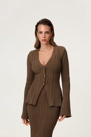 Lugo knitted cardigan in taupe with long sleeve trumpet arms. thumbnail image
