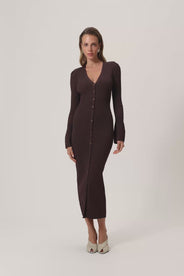 Knitted milano midi dress in brown with front button closure. thumbnail image