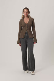 Lugo knitted cardigan in taupe with long sleeve trumpet arms. thumbnail image