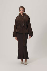 York cropped trench coat in dark brown suede. thumbnail image