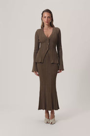 Lugo knitted cardigan in taupe with long sleeve trumpet arms. thumbnail image