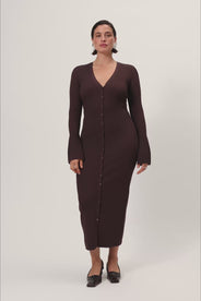 Knitted milano midi dress in brown with front button closure. thumbnail image