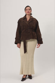 York cropped trench coat in dark brown suede. thumbnail image