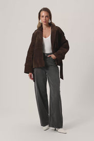 York cropped trench coat in dark brown suede. thumbnail image