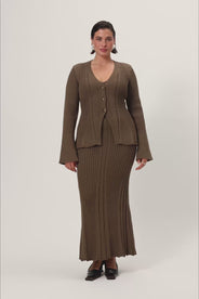 Lugo knitted cardigan in taupe with long sleeve trumpet arms. thumbnail image
